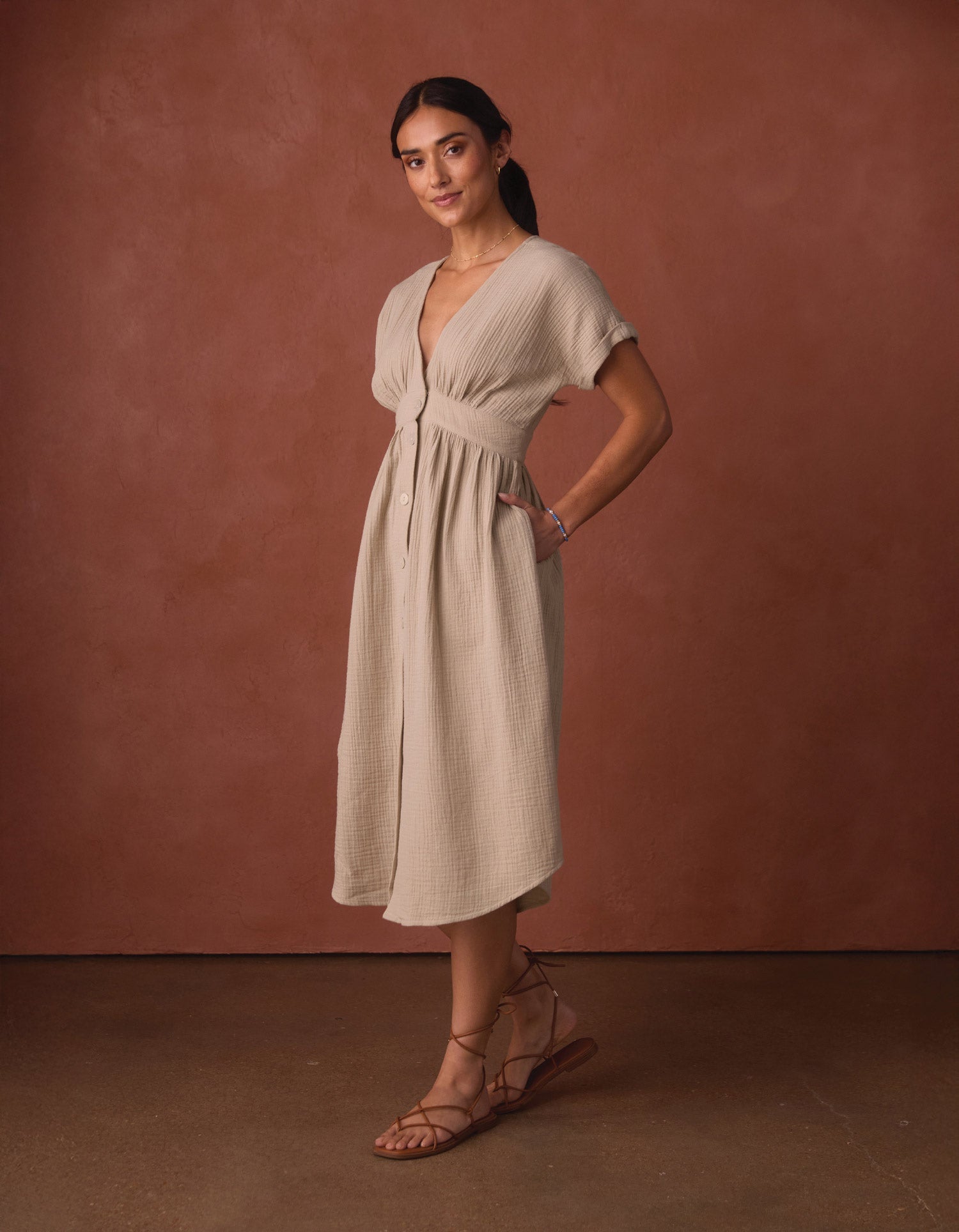 Women | Kalo Gauze Deep V Button Thru Dress | Pumice