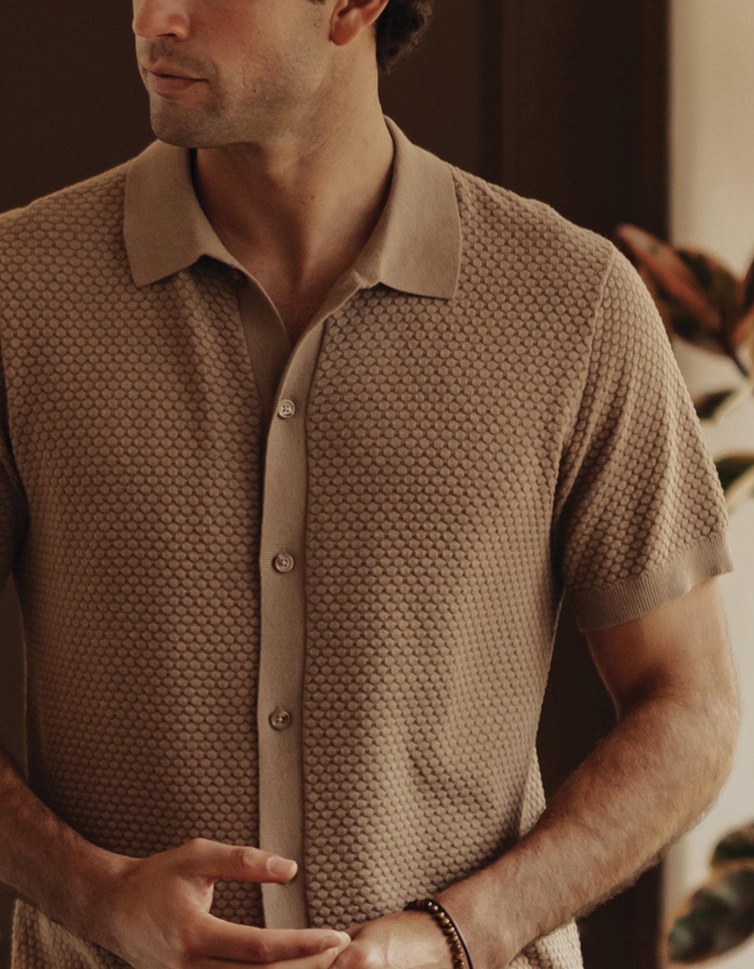 Men | Robles Knit Jacquard Button Up | Taupe