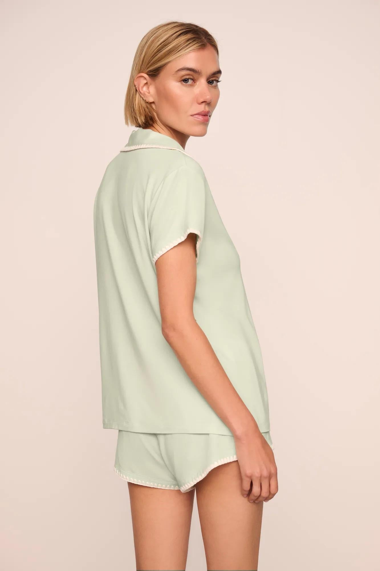 Model is wearing Frida TENCEL Modal Shortie Short PJ Set in Mint Cream/Ivory
