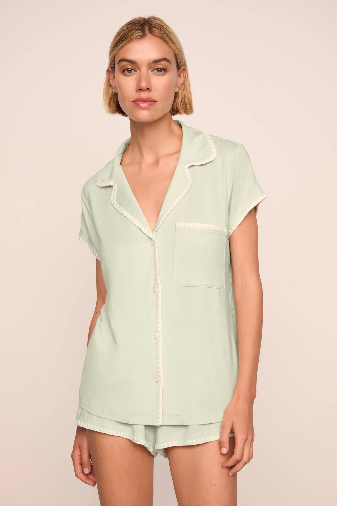 Model is wearing Frida TENCEL Modal Shortie Short PJ Set in Mint Cream/Ivory