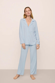 Model is wearing Gisele TENCEL Modal Rib Long PJ Set in NantucketBreeze