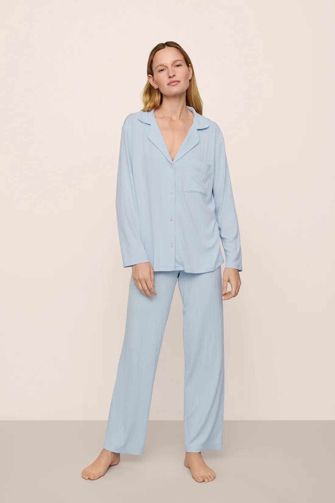 Model is wearing Gisele TENCEL Modal Rib Long PJ Set in NantucketBreeze