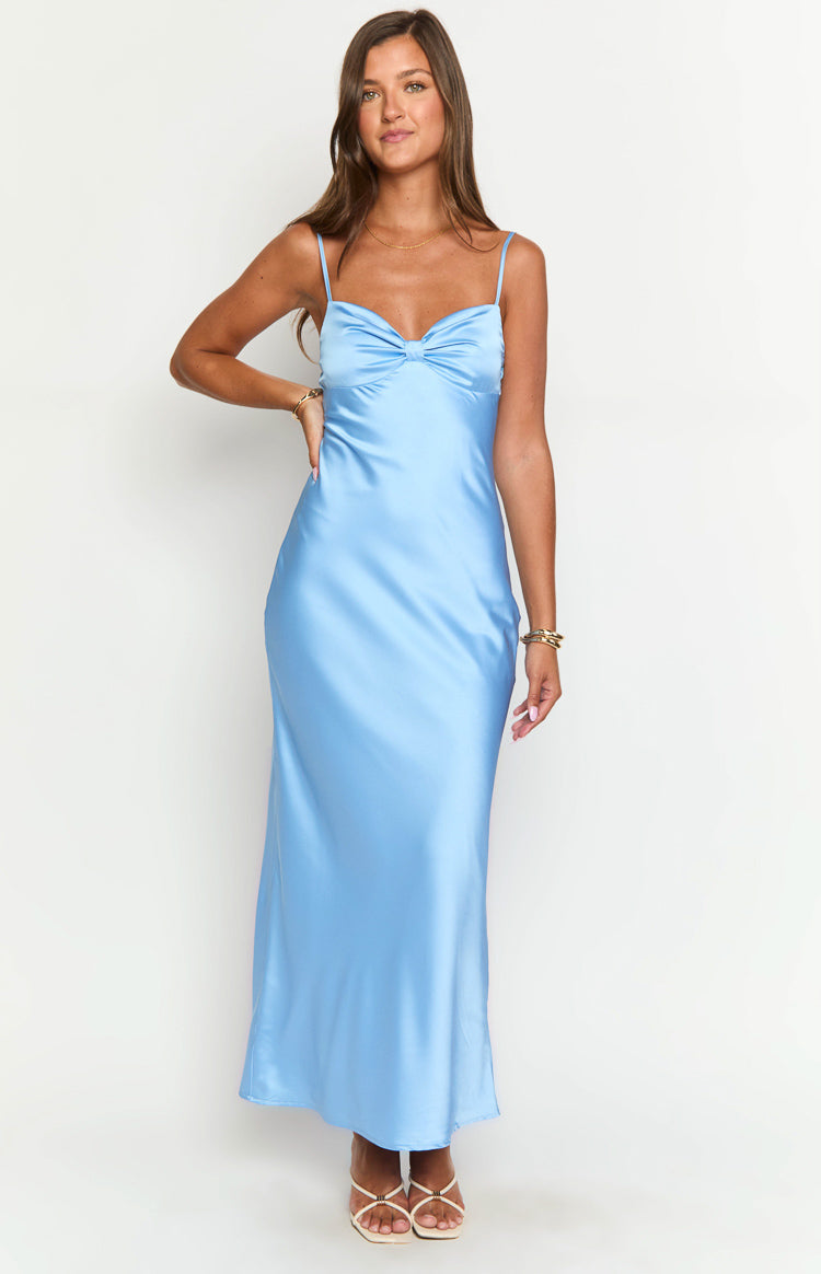 Front view of a light blue satin maxi dress with a gathered sweetheart neckline and thin spaghetti straps