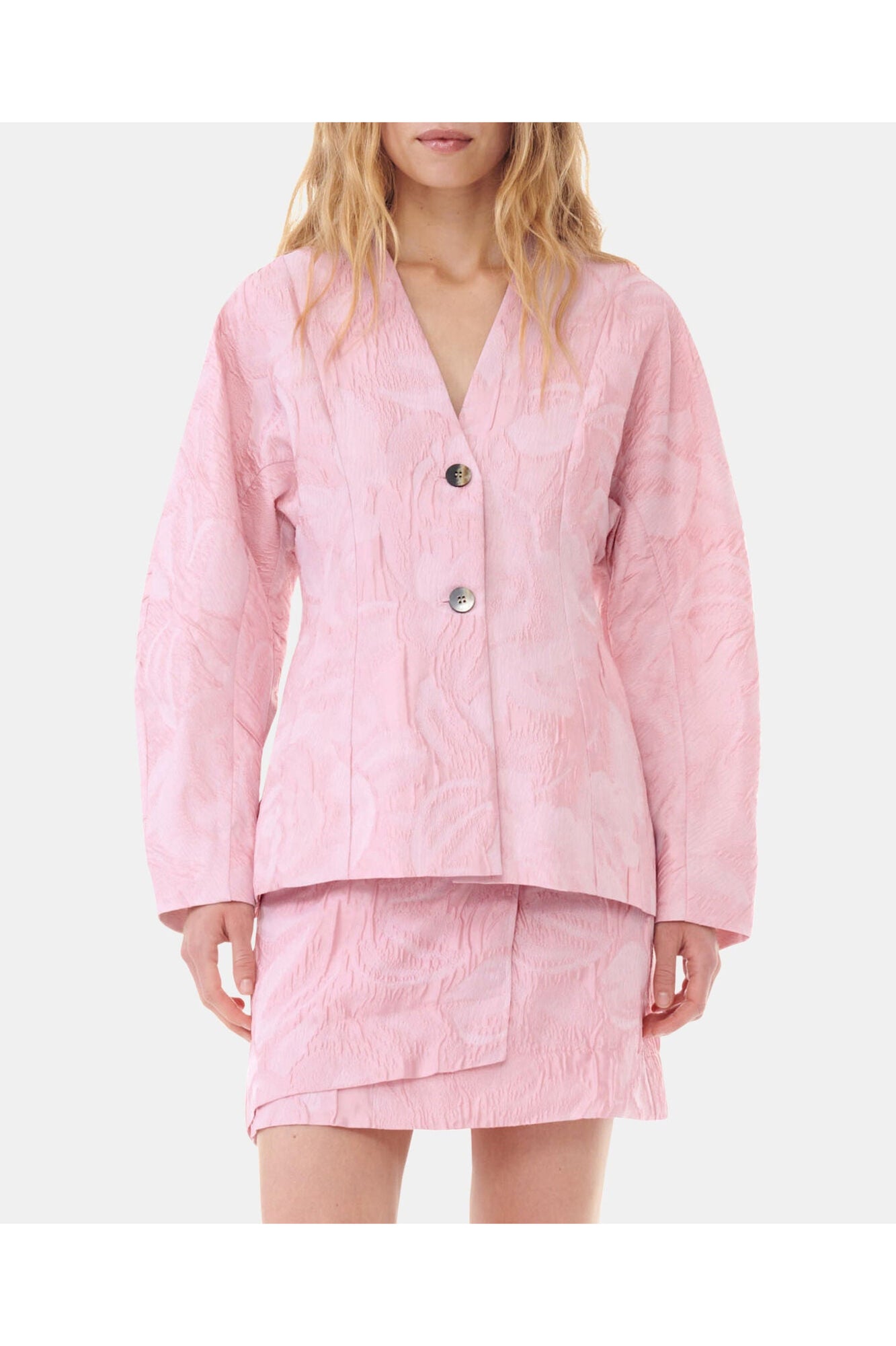 Pink Textured Cloqué Curve Sleeve Blazer | Bleached Mauve
