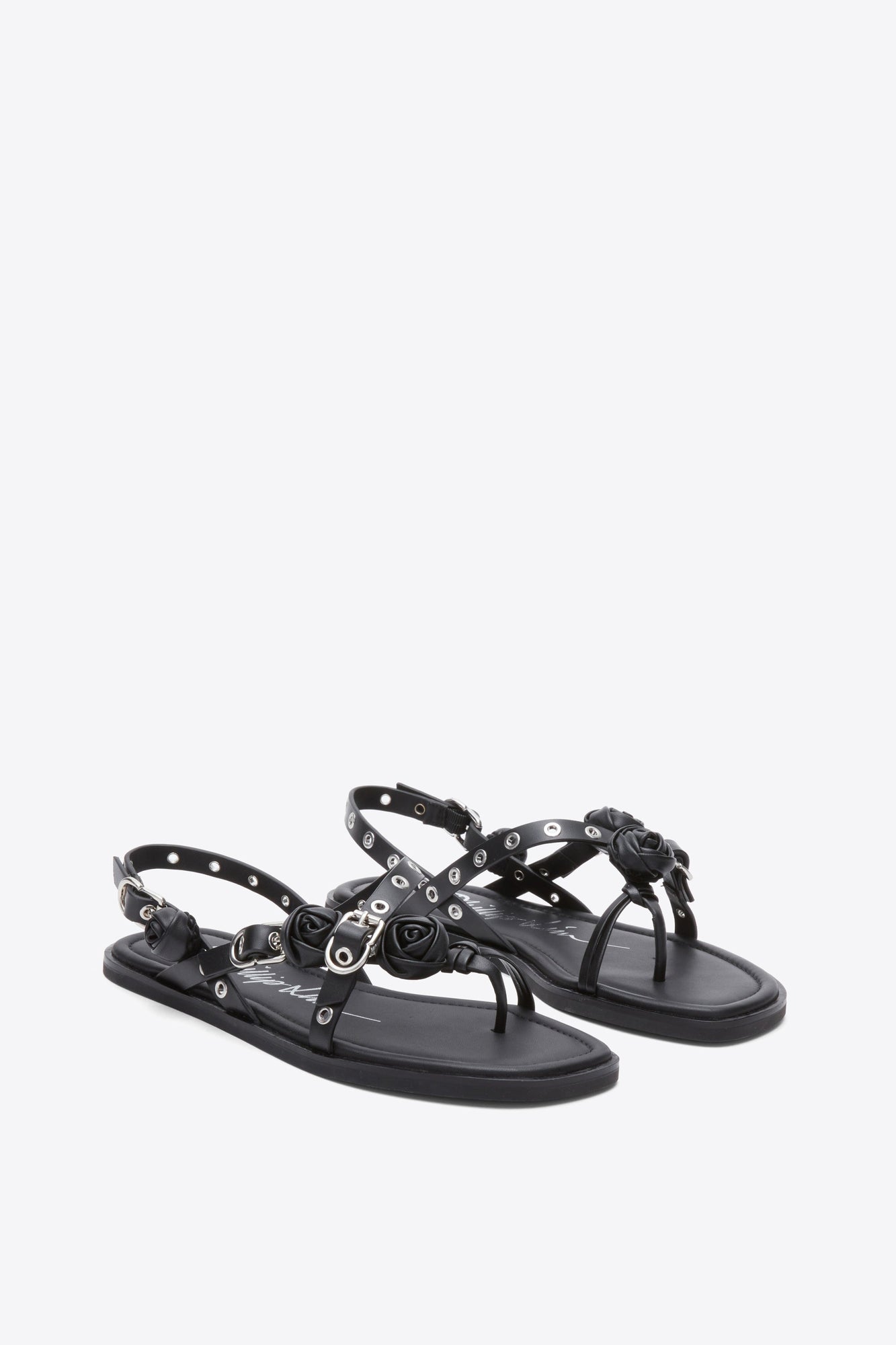 Strappy Eyelet Sandal with Rosettes | Black