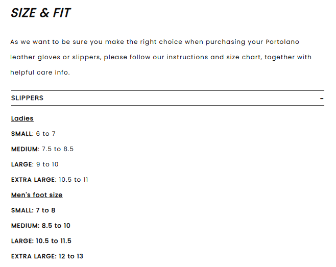 Product size guide