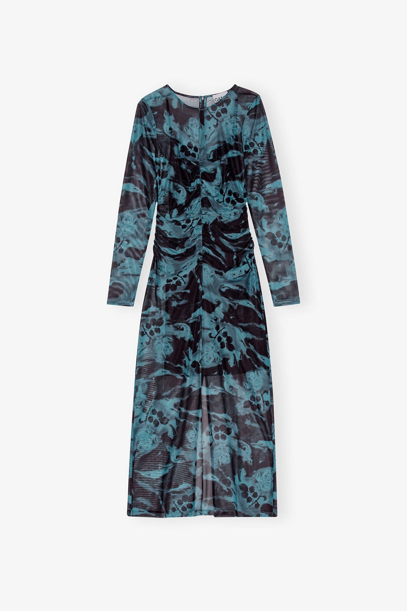 Printed Mesh O neck Ruched Long Dress | Blue Shadow