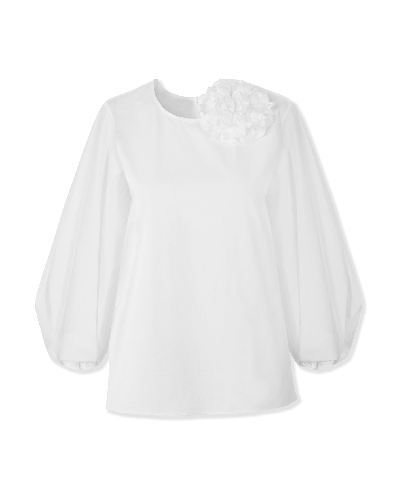 Puff Sleeve Crewneck Top With Flower | White