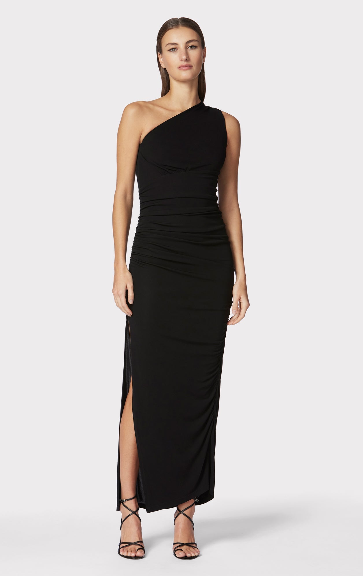 Ruched Jersey One Shoulder Midi Dress | Black