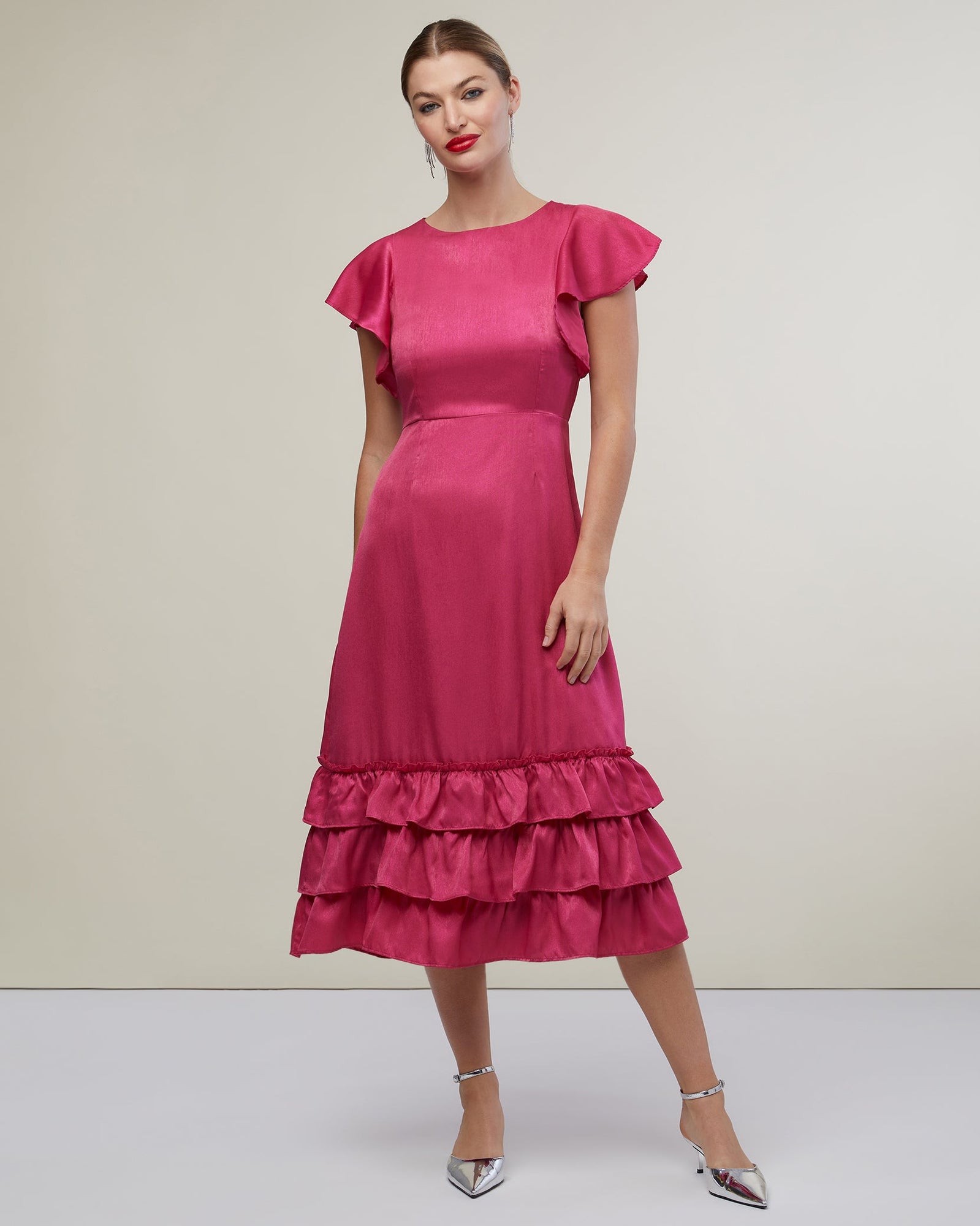 Flutter Sleeve Ruffle Midi Dress | Berry