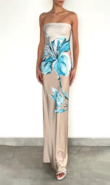 Womens | Bleu Polyester Satin Lycra Strapless Maxi Dress | Beige Blue