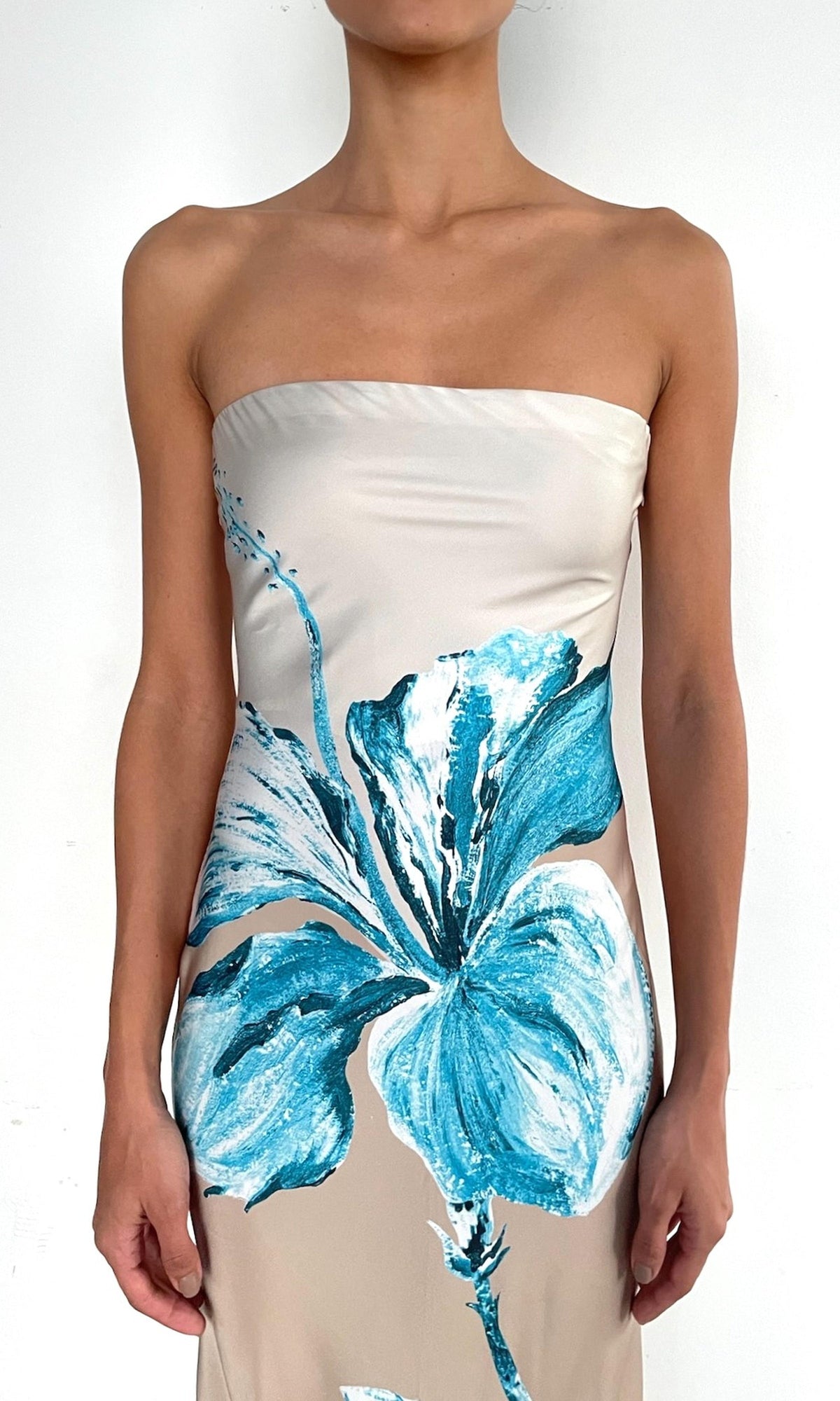 Womens | Bleu Polyester Satin Lycra Strapless Maxi Dress | Beige Blue