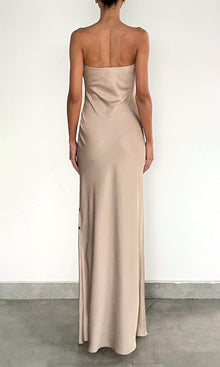 Womens | Bleu Polyester Satin Lycra Long Dress | Beige Blue