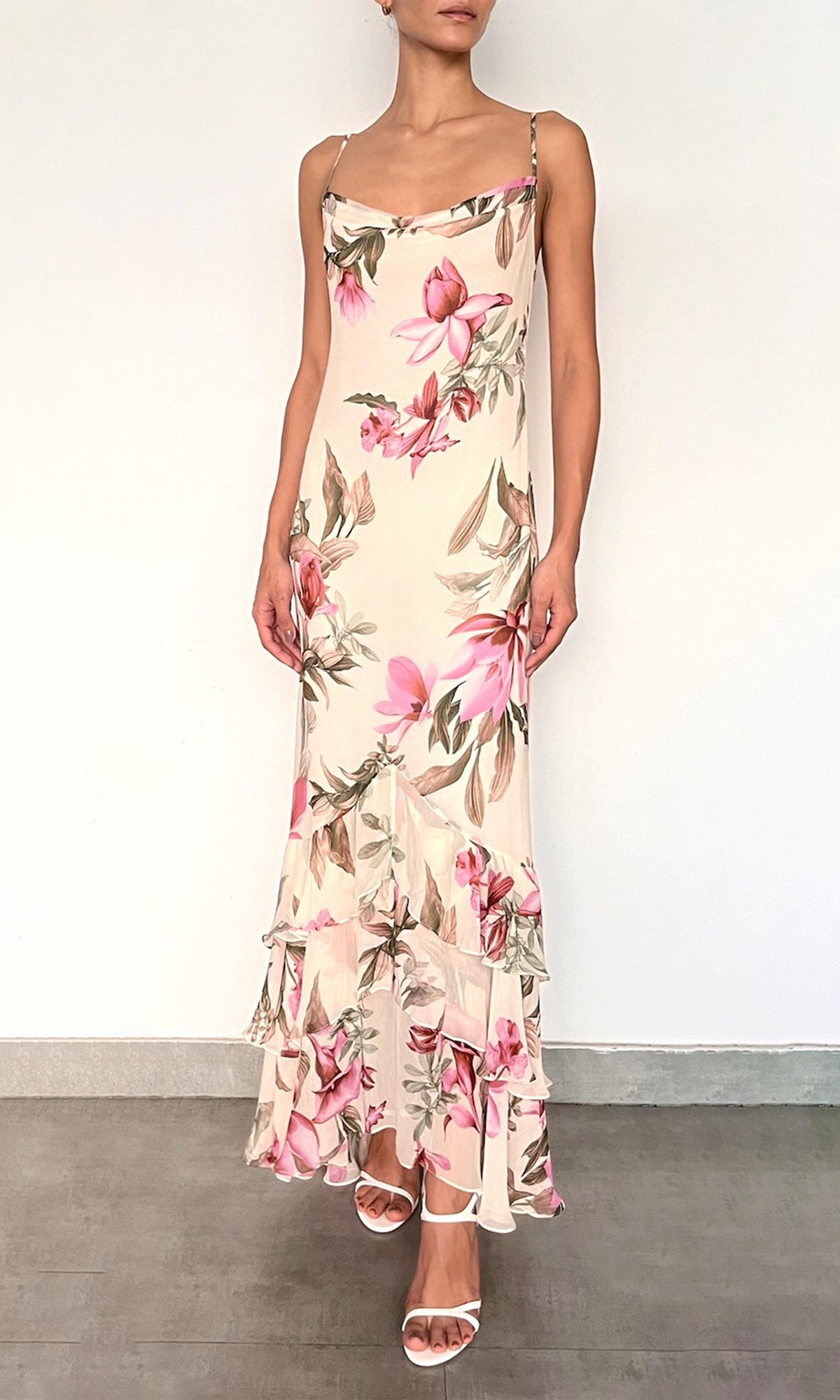 Womens | Cai Heavy Viscose Crinkle Chiffon Cowl High Low Maxi Dress | Cream Pink Multi