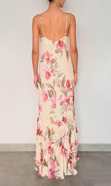 Womens | Cai Heavy Viscose Crinkle Chiffon Cowl High Low Maxi Dress | Cream Pink Multi