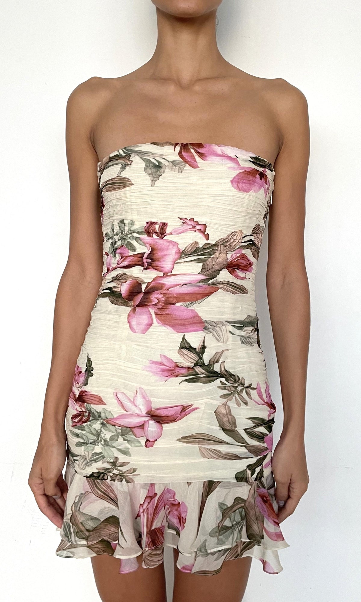 Rococo Sand | Cai Heavy Viscose Crinkle Chiffon Mini Dress | Cream Pink Multi