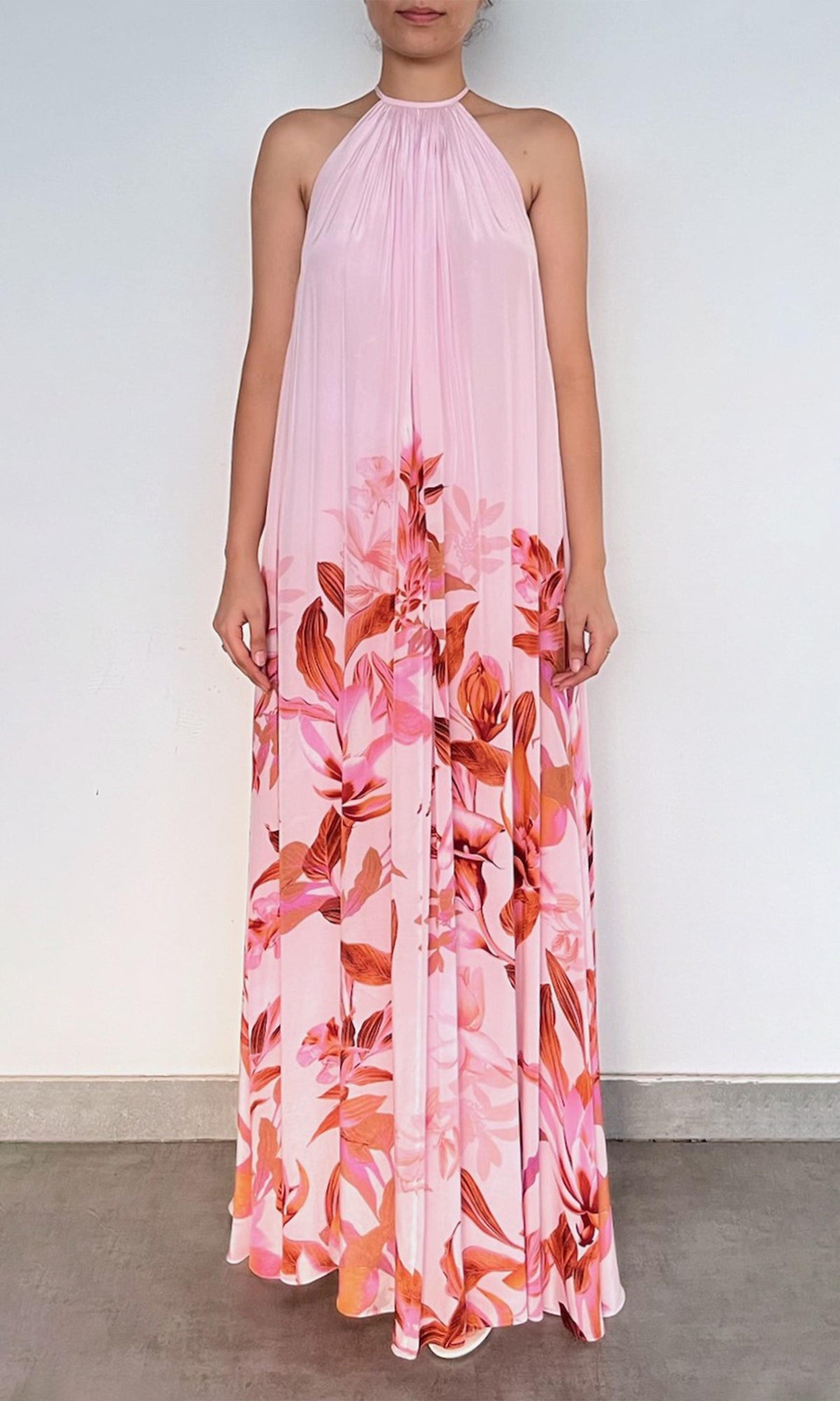 Rococo Sand | Cai Viscose Natural Crepe Flared Maxi Dress | Pink Multi