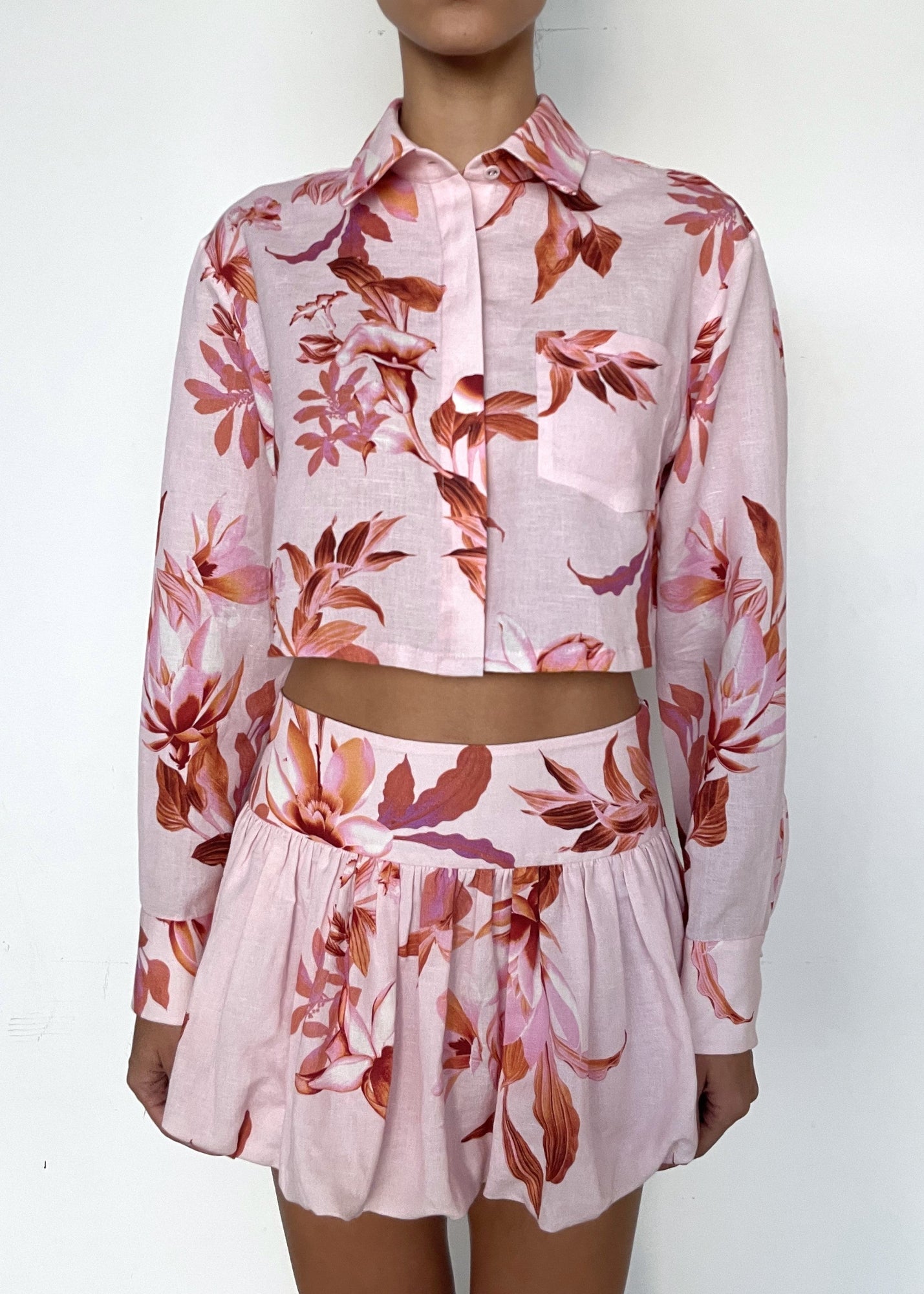 Cai Button Down Collared Crop Shirt | Pink/Brown