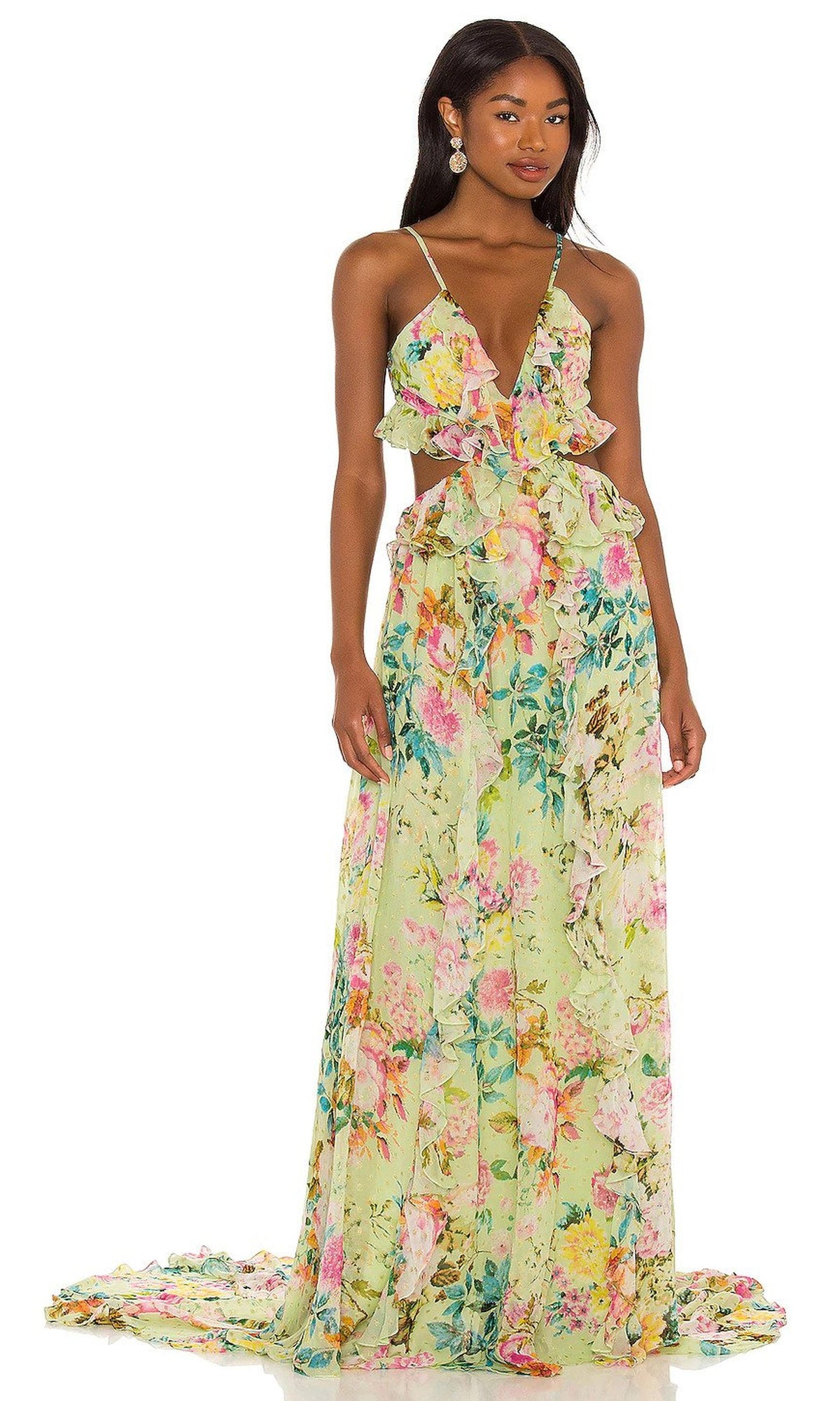 Rococo Sand | Inv Viscose Georgette Gold Buta Long Dress | Lime