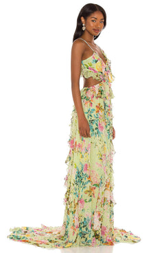 Rococo Sand | Inv Viscose Georgette Gold Buta Long Dress | Lime