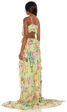 Rococo Sand | Inv Viscose Georgette Gold Buta Long Dress | Lime