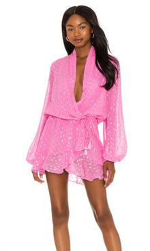 Womens | Fuchsia Viscose Georgtte Dobby Lurex Short Dress | Pink