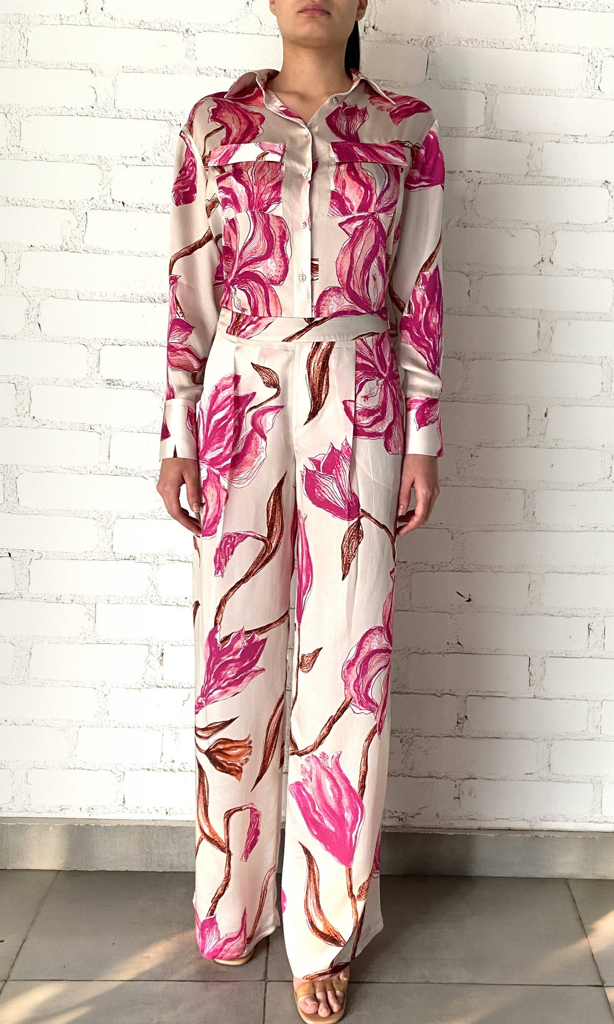 Rococo Sand | Grace Viscose Satin Pants | White Pink