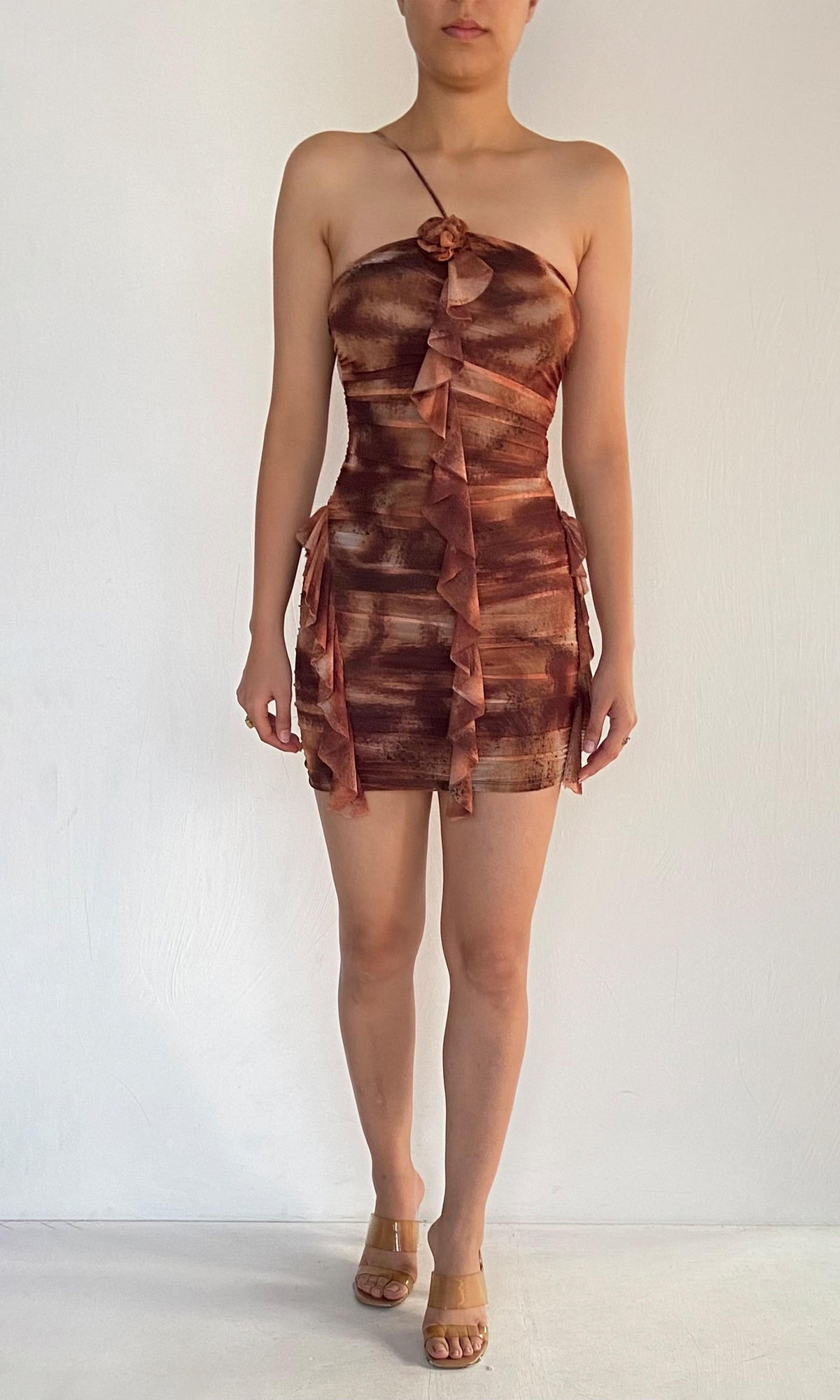 Womens | Inv Nylon Net Short Dress | Brown