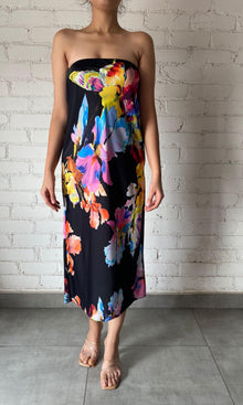 Rococo Sand | Inv Polyester Satin Midi Dress | Black Multi