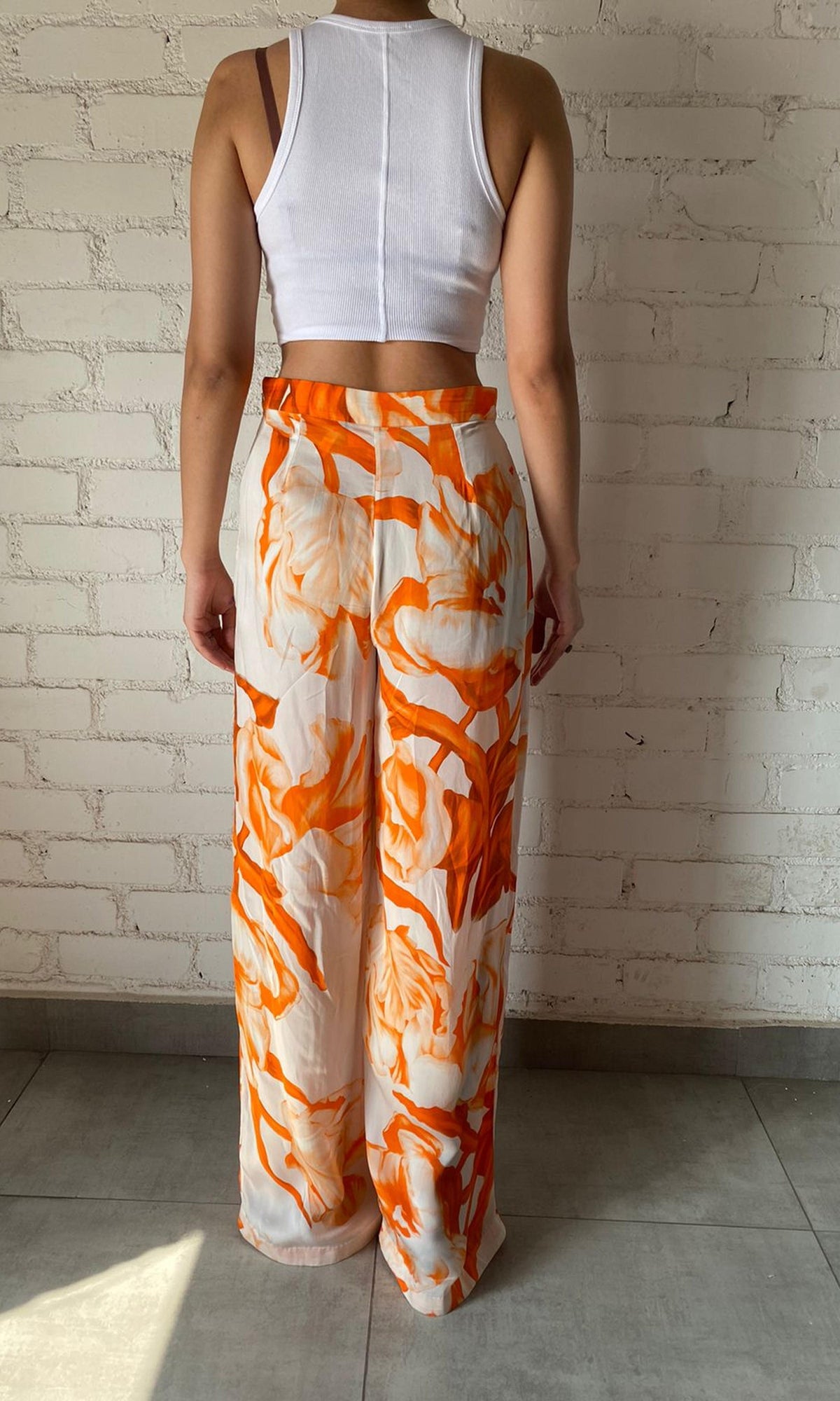 Rococo Sand | Inv Polyester Satin Lycra Pants | White Orange