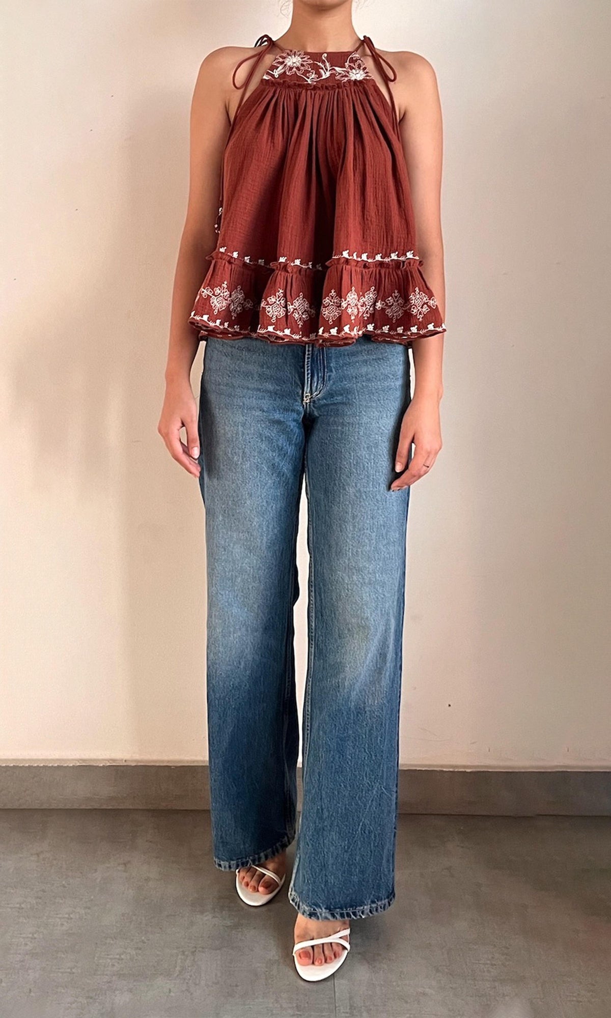 Womens | Jaci Cotton Double Cloth Gauze Embroidered Tier Mini Top | Brown White