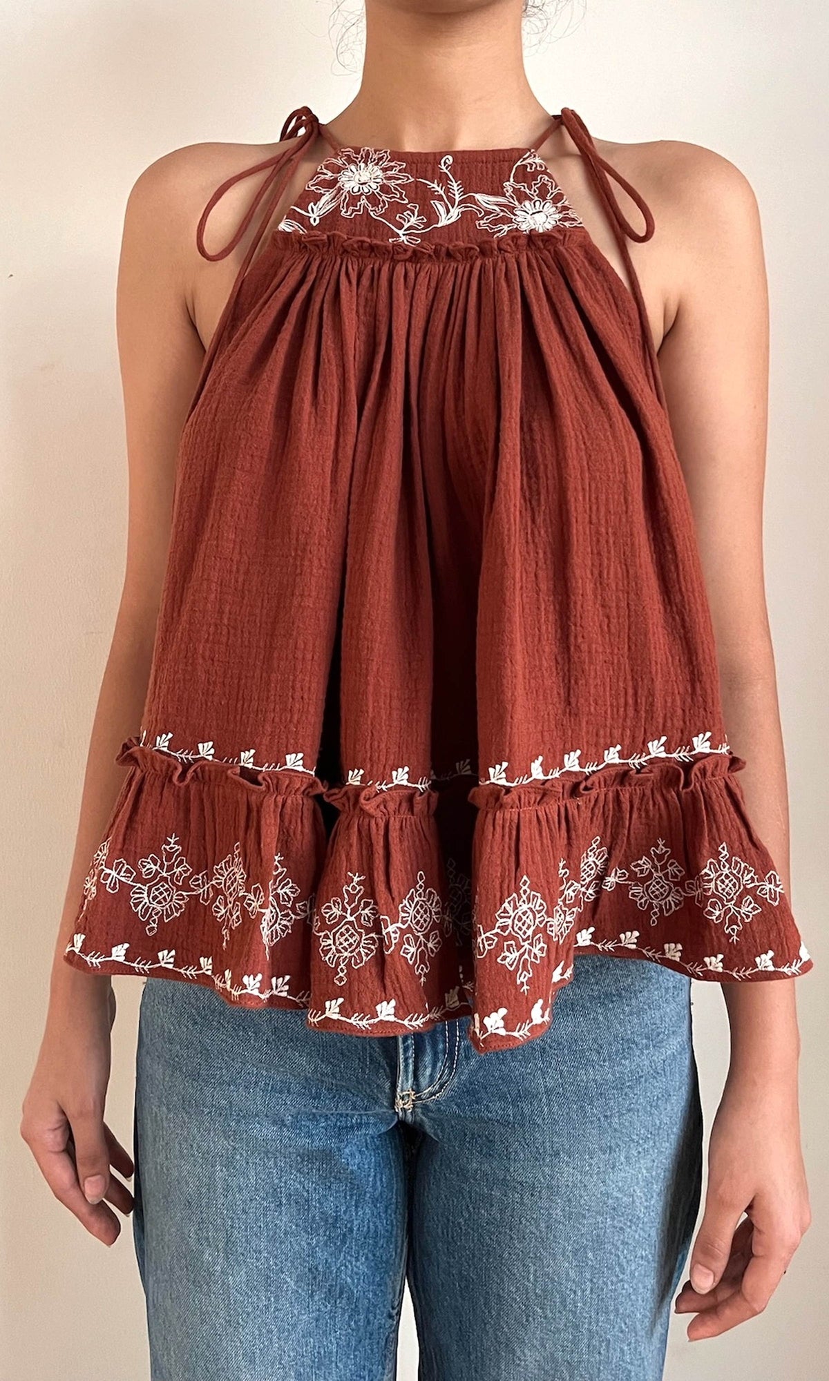 Womens | Jaci Cotton Double Cloth Gauze Embroidered Tier Mini Top | Brown White