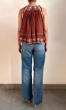 Womens | Jaci Cotton Double Cloth Gauze Embroidered Tier Mini Top | Brown White