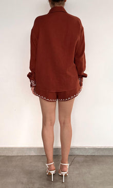 Rococo Sand | Jaci Cotton Double Cloth Gauze Embroidered Over Sized Shirt | Brown White