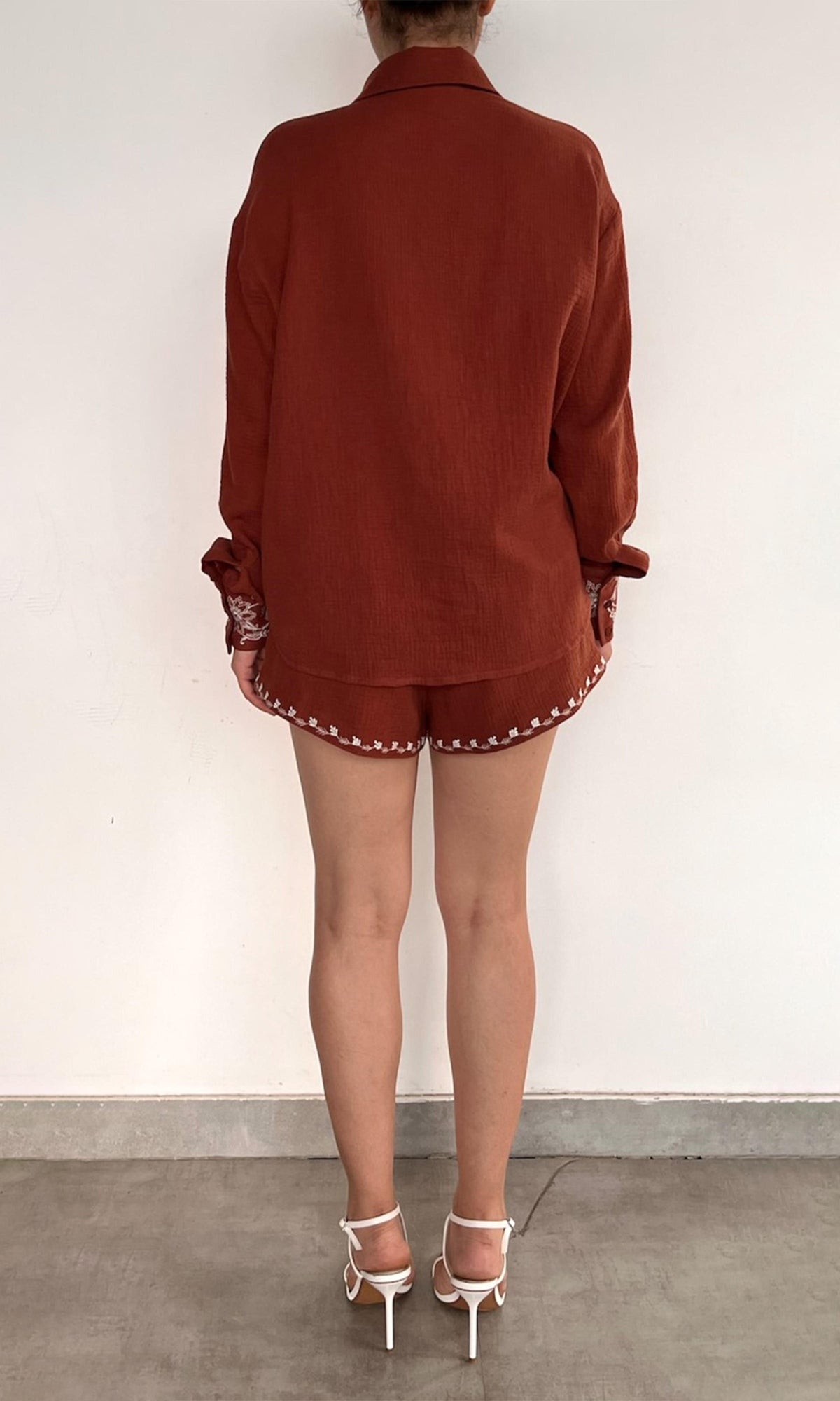 Rococo Sand | Jaci Cotton Double Cloth Gauze Embroidered Over Sized Shirt | Brown White