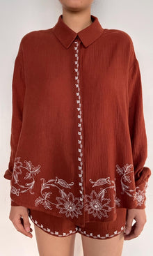 Rococo Sand | Jaci Cotton Double Cloth Gauze Embroidered Over Sized Shirt | Brown White