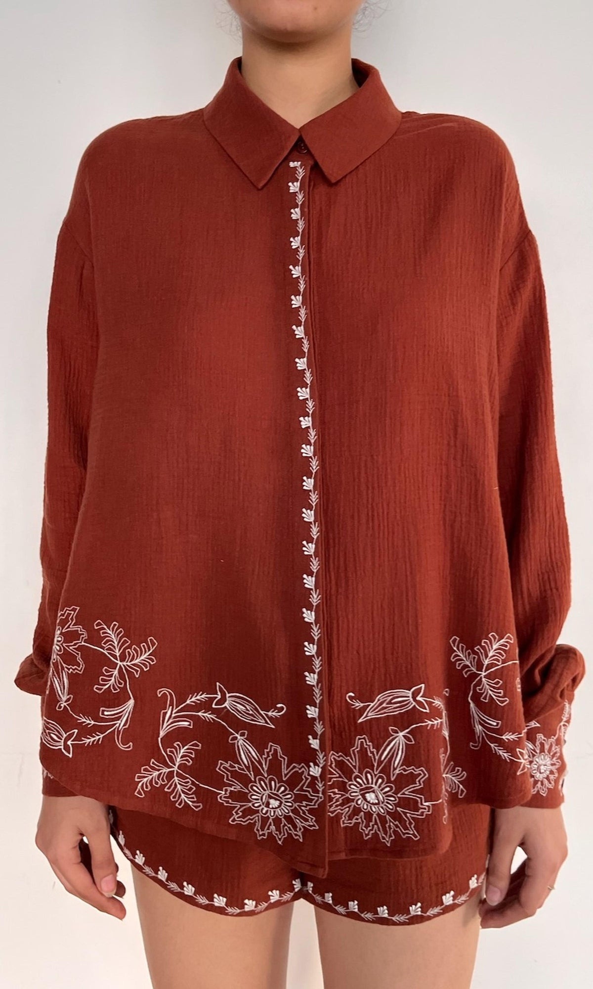 Rococo Sand | Jaci Cotton Double Cloth Gauze Embroidered Over Sized Shirt | Brown White