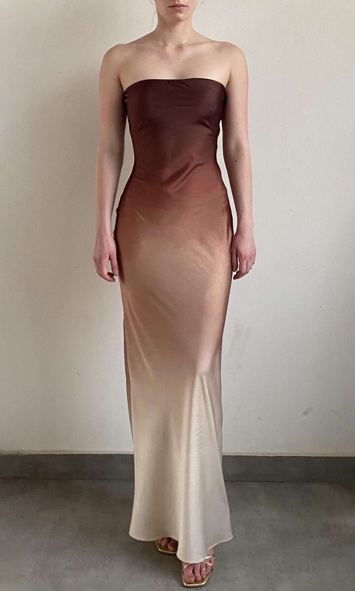 Rococo Sand | Kara Polyester Satin Lycra Strapless Maxi Dress | Beige Brown Ombre