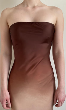 Rococo Sand | Kara Polyester Satin Lycra Strapless Maxi Dress | Beige Brown Ombre