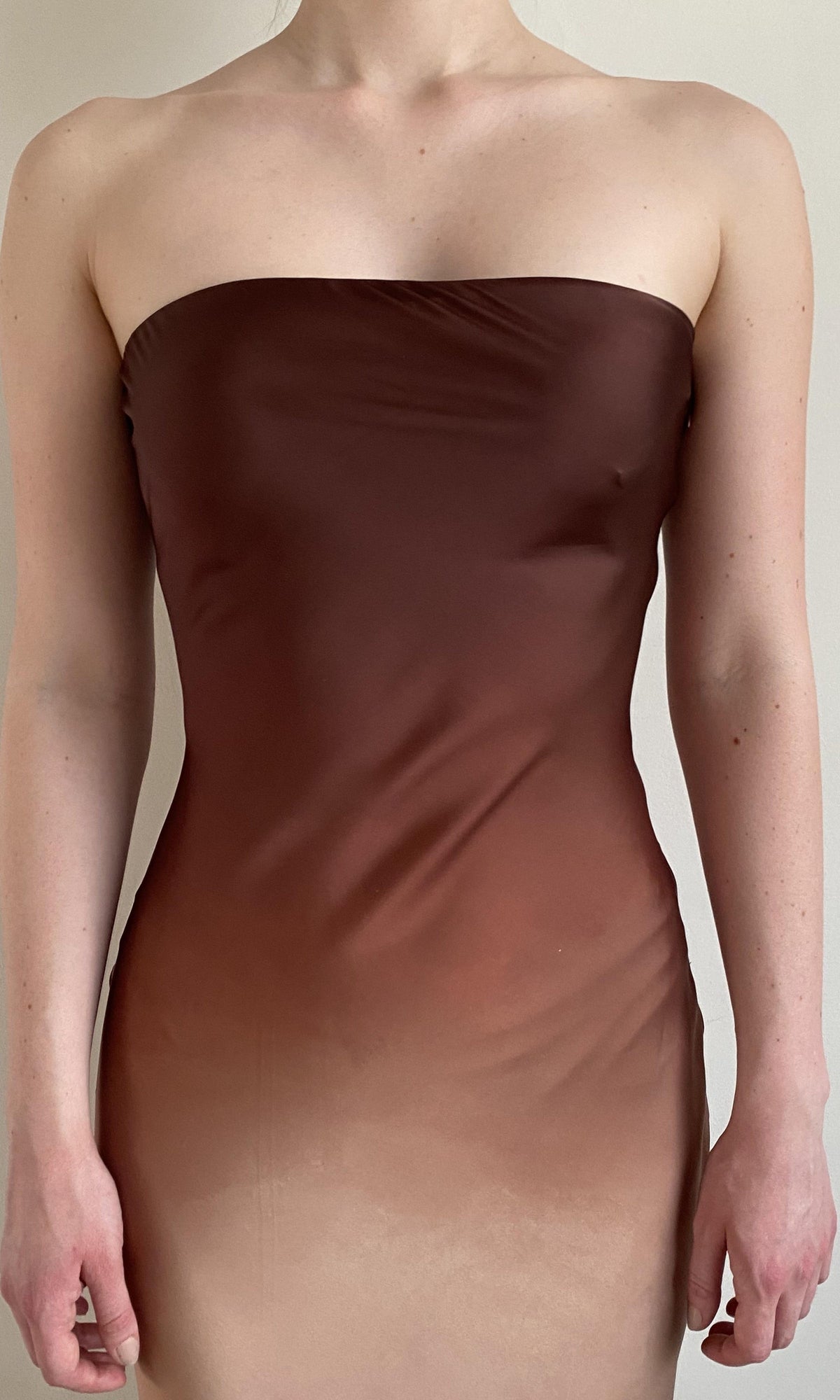 Rococo Sand | Kara Polyester Satin Lycra Strapless Maxi Dress | Beige Brown Ombre