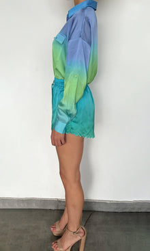 Rococo Sand | Kiki Polyester Satin Shorts - II | Teal Multi