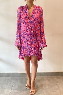 V-Neck Full Sleeve Short Dress | Pink/Multi