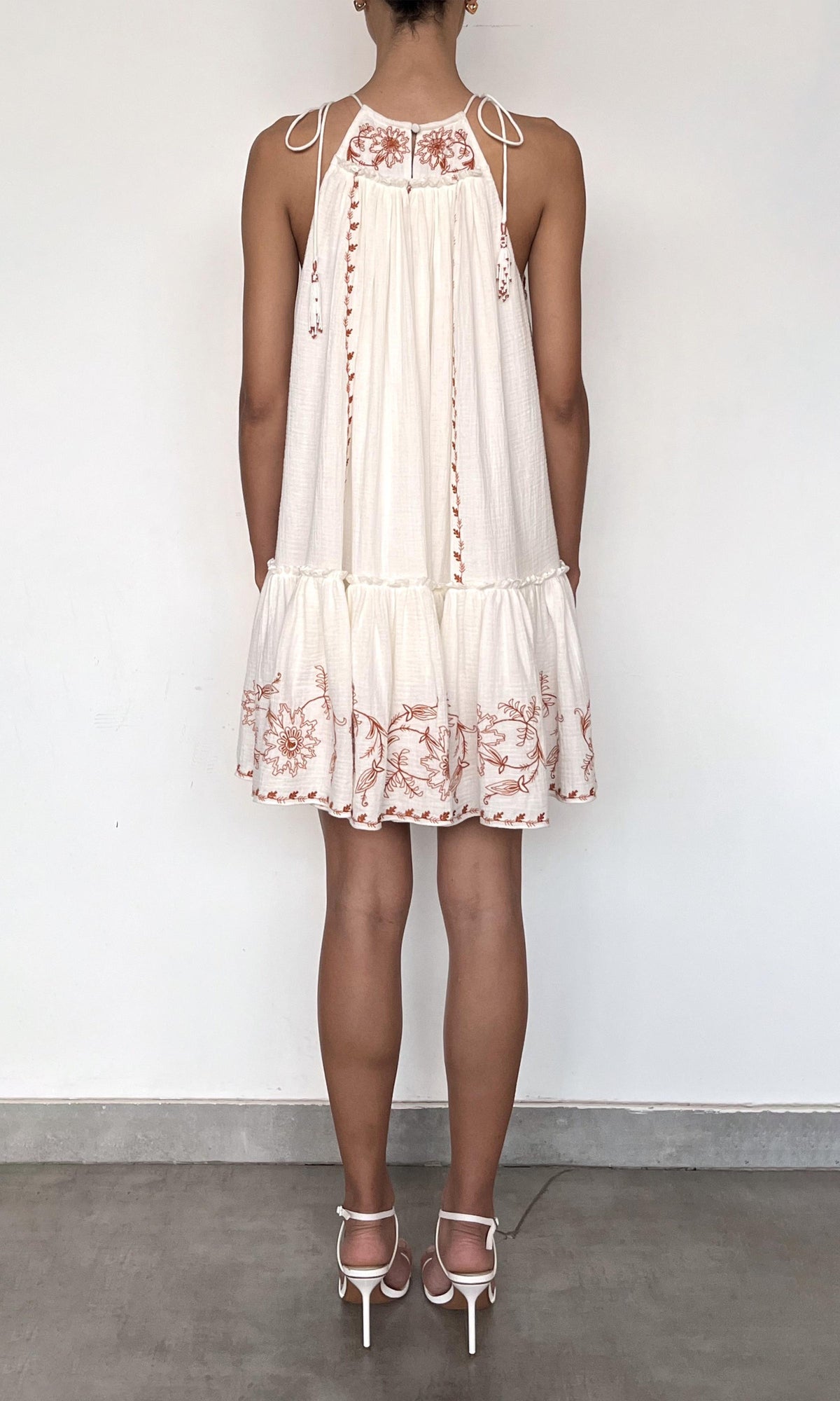 Rococo Sand | Myril Cotton Double Cloth Gauze Embroidered Tier Mini Dress | White Terracotta