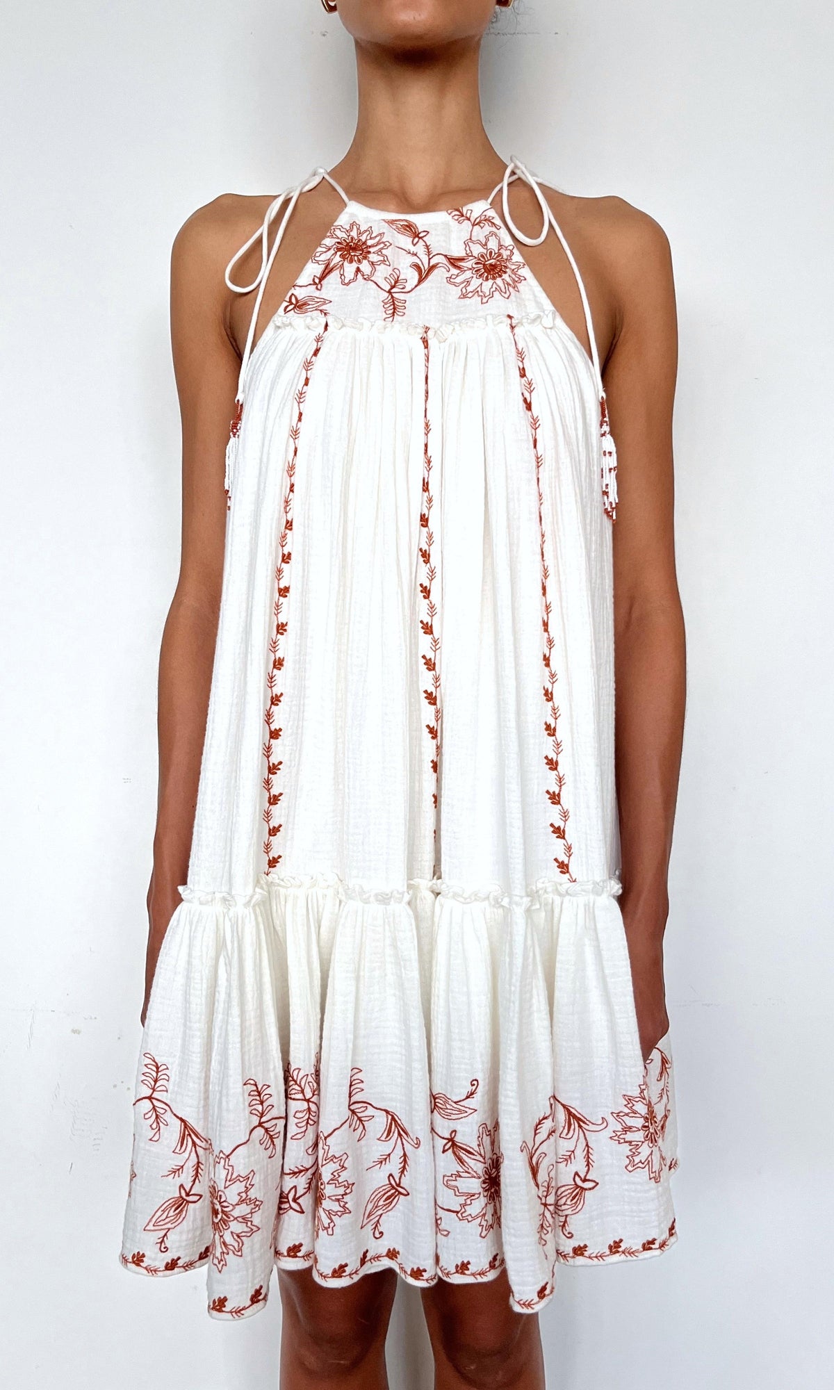 Rococo Sand | Myril Cotton Double Cloth Gauze Embroidered Tier Mini Dress | White Terracotta