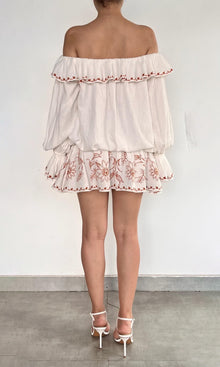 Rococo Sand | Myril Cotton Double Cloth Gauze Embroidered Off Shoulder Mini Dress | White Terracotta