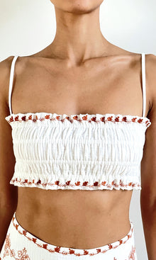 Womens | Myril Cotton Double Cloth Gauze Embroidered Smocking Bandeau Top | White Terracotta