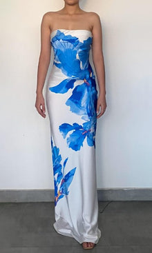 Rococo Sand | Quin Polyester Satin Lycra Maxi Strapless Dress | Blue/White