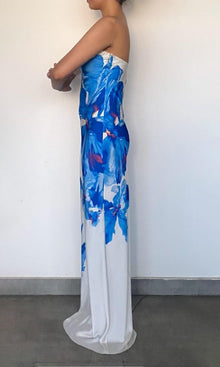Rococo Sand | Quin Polyester Satin Lycra Maxi Strapless Dress | Blue/White