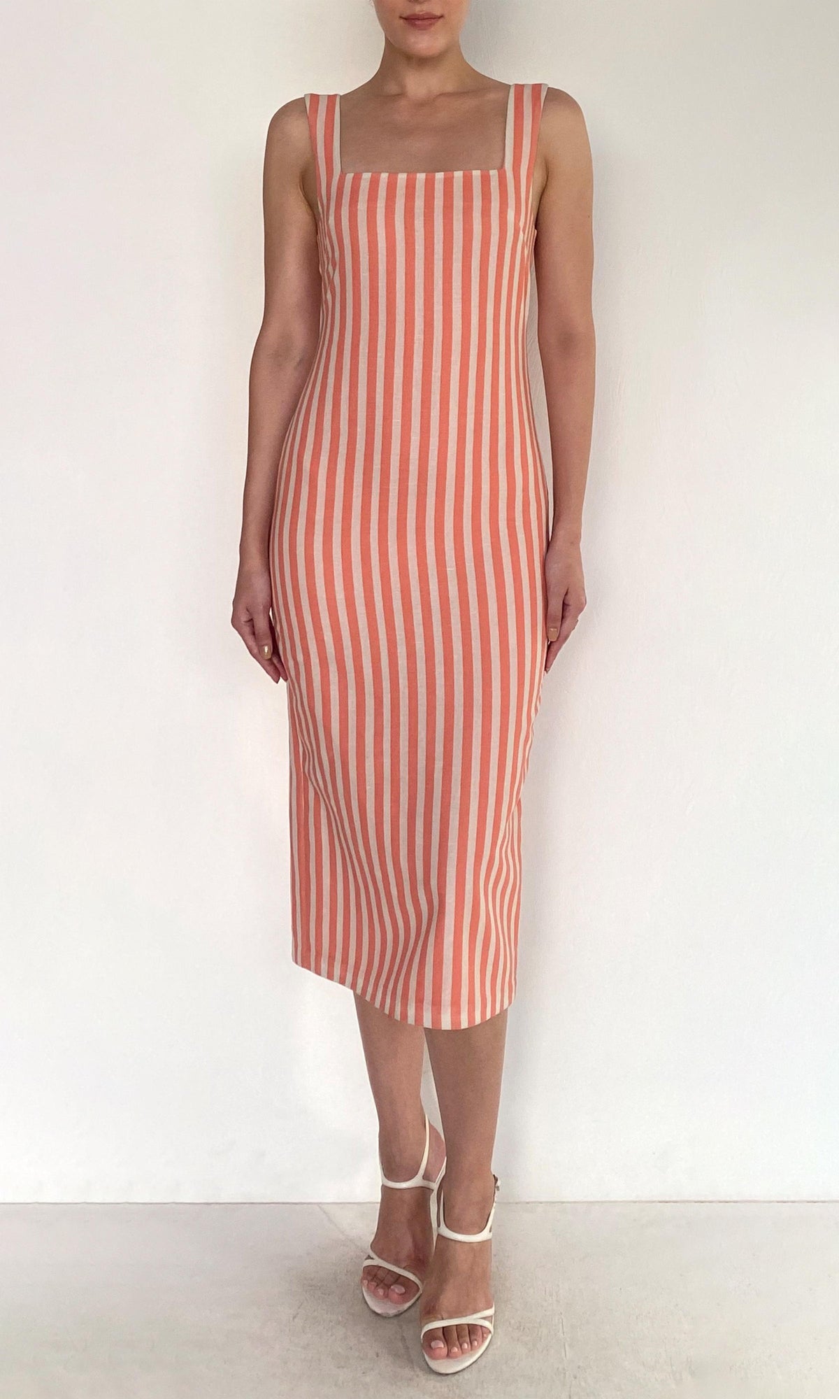 Rococo Sand | Riv Linen Cotton Square Neck Maxi Dress | Coral