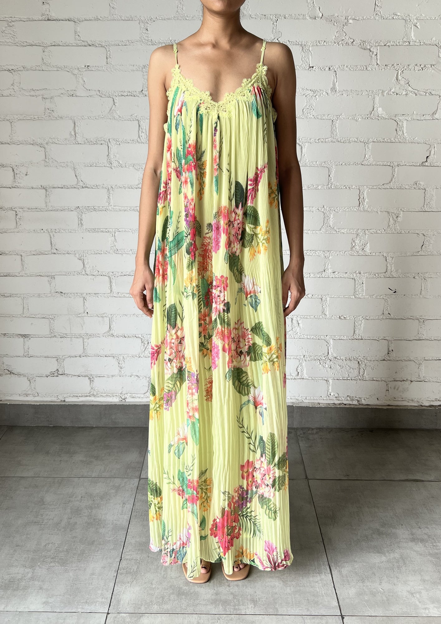 Rococo Sand | Rue Floral Long Dress | Lime Green